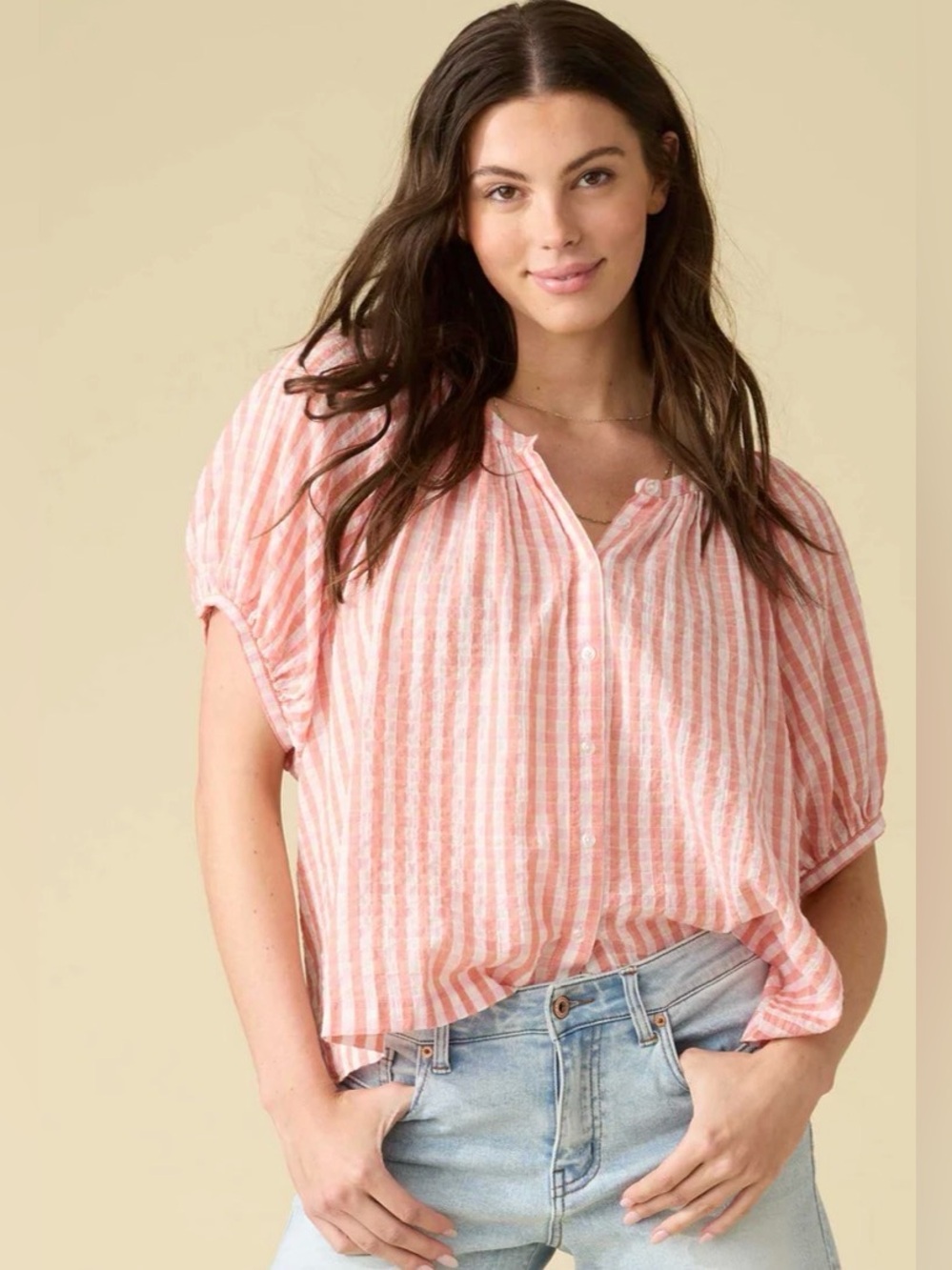 Flag & Anthem Carolina Short Sleeve Plaid Shirt Women’s L Pink White Lightweight